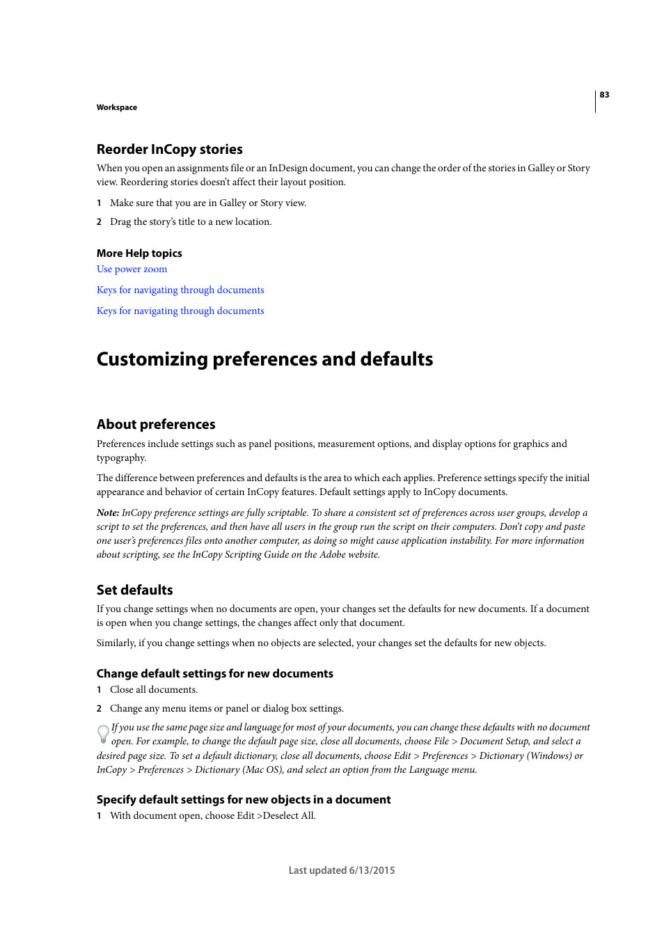 Reorder incopy stories, Customizing preferences and defaults, About preferences | Set defaults, Change default settings for new documents | Adobe InCopy CC 2015 User Manual | Page 86 / 393