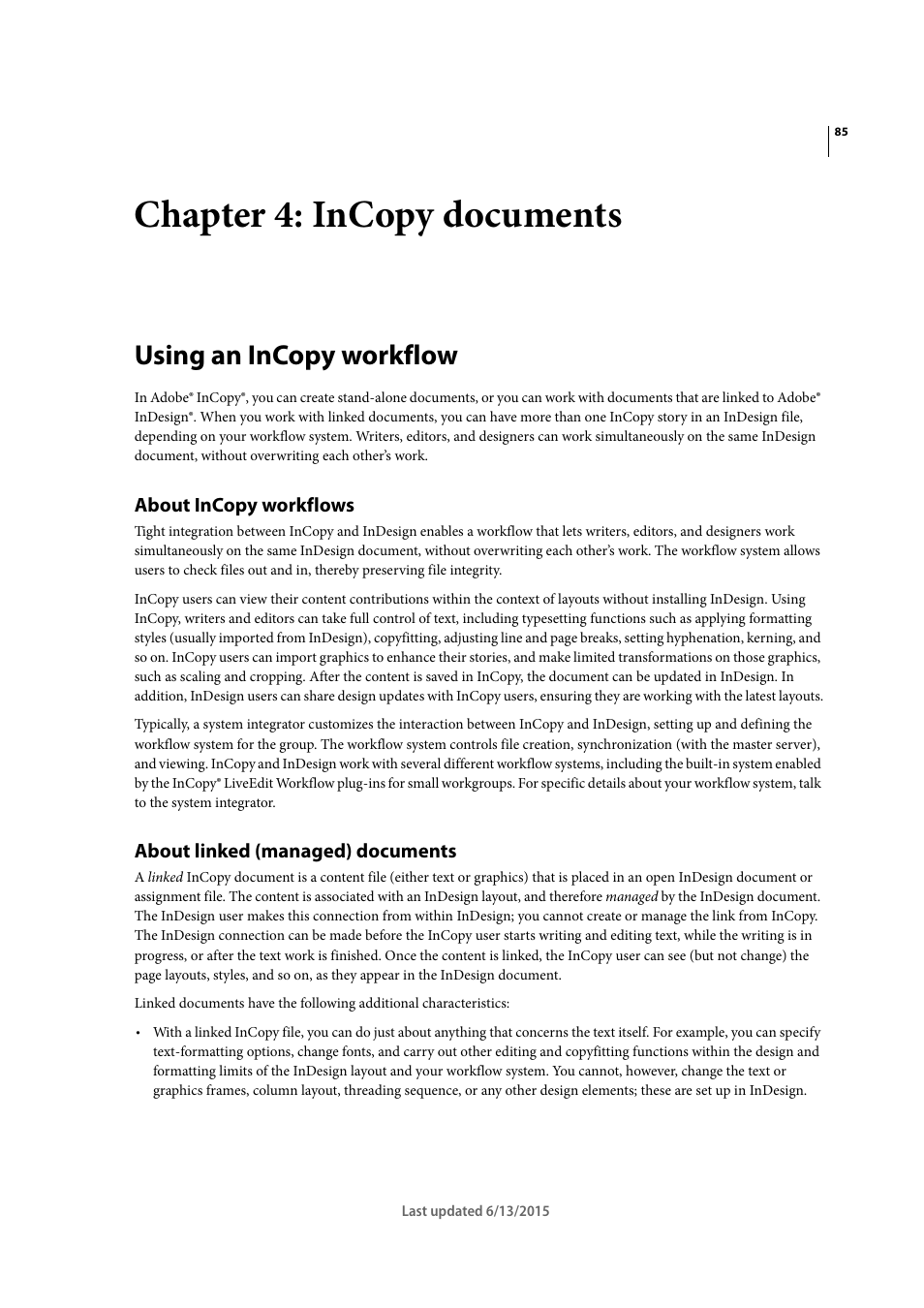 Chapter 4: incopy documents, Using an incopy workflow, About incopy workflows | About linked (managed) documents | Adobe InCopy CC 2015 User Manual | Page 88 / 393