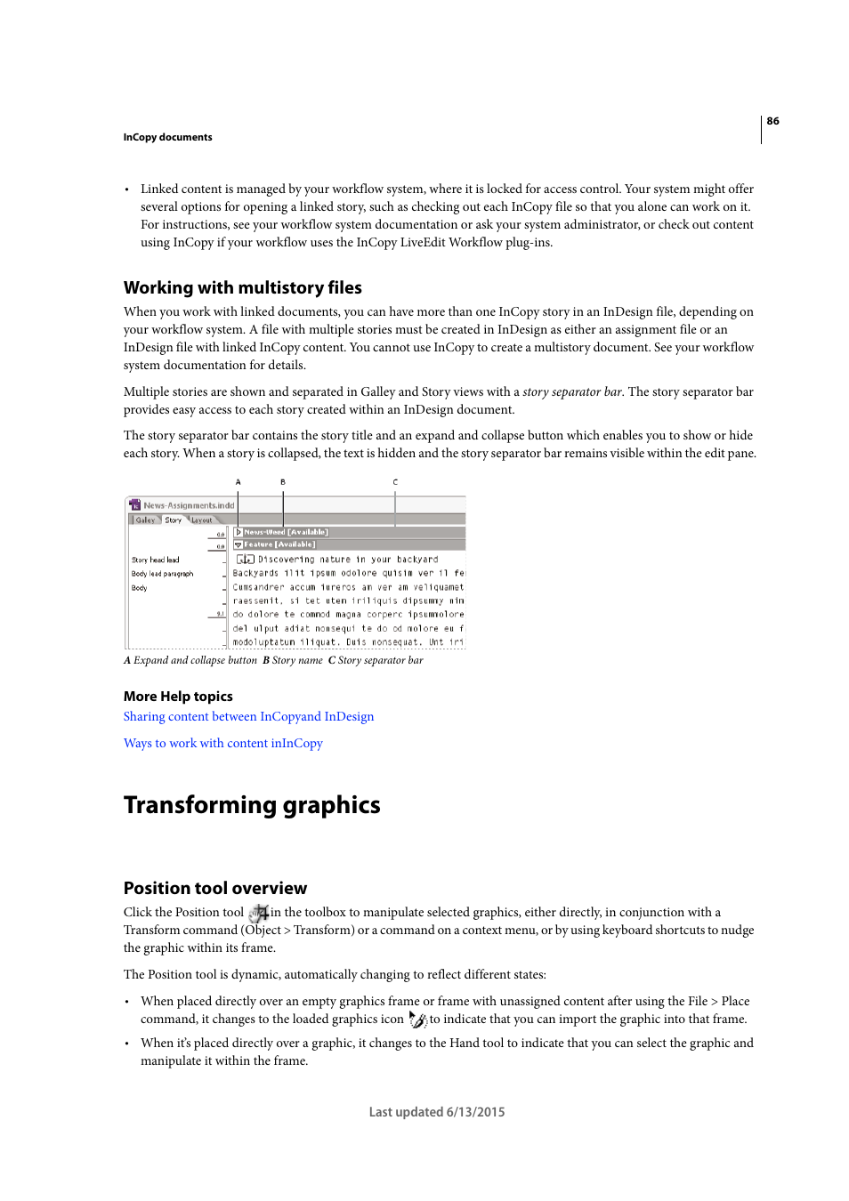 Working with multistory files, Transforming graphics, Position tool overview | Adobe InCopy CC 2015 User Manual | Page 89 / 393