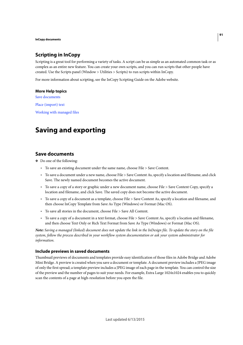 Scripting in incopy, Saving and exporting, Save documents | Include previews in saved documents | Adobe InCopy CC 2015 User Manual | Page 94 / 393