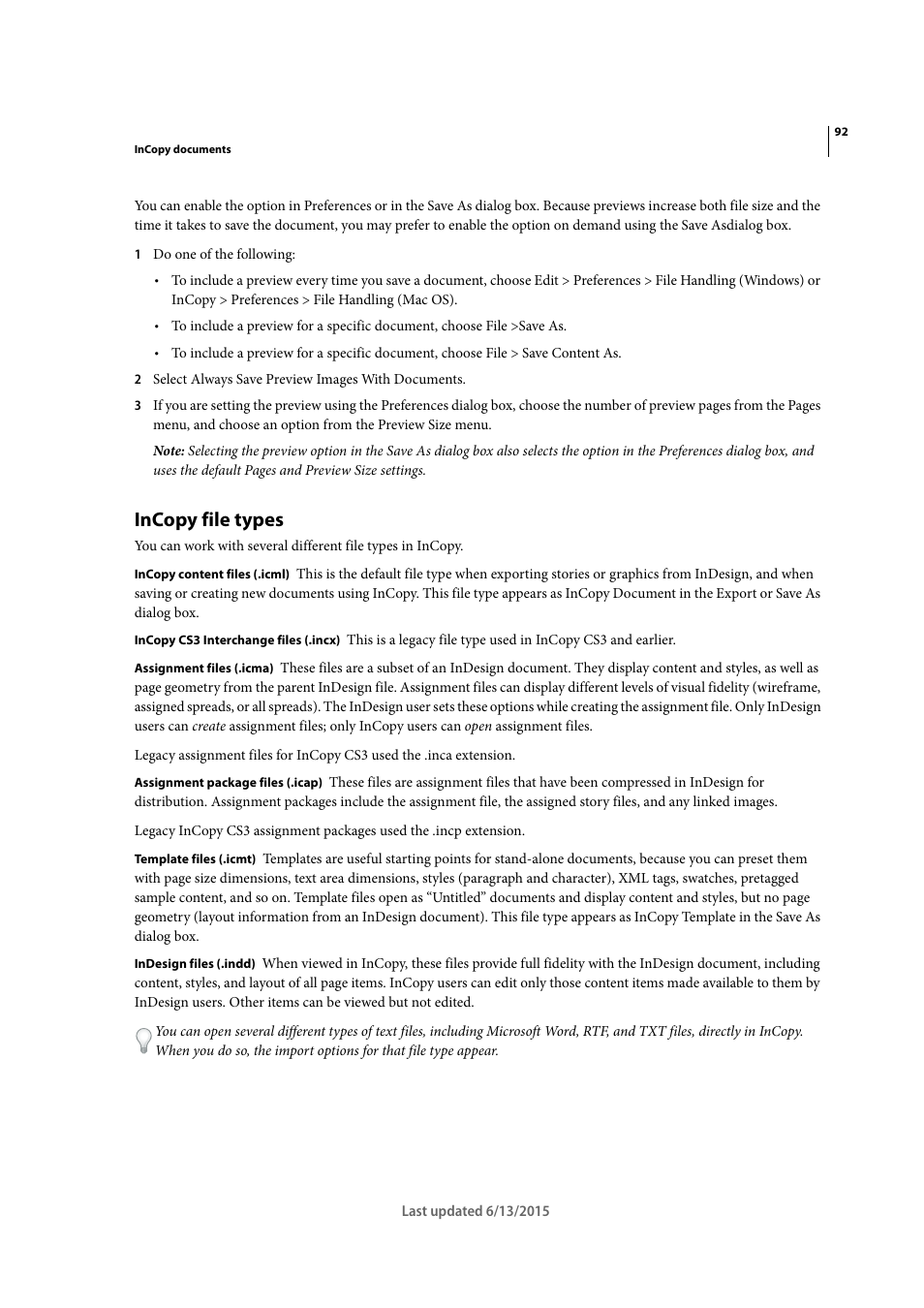Incopy file types | Adobe InCopy CC 2015 User Manual | Page 95 / 393