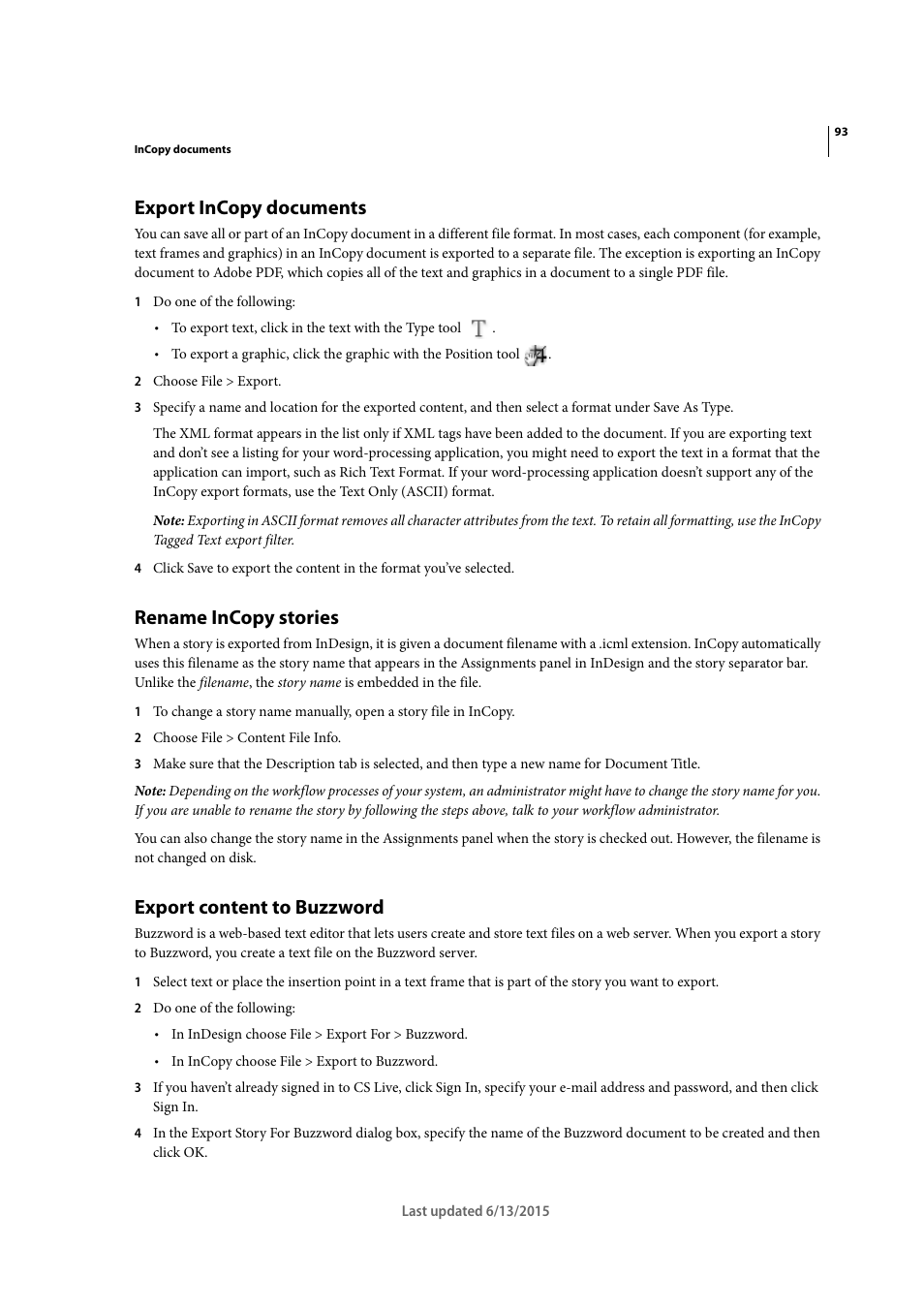 Export incopy documents, Rename incopy stories, Export content to buzzword | Adobe InCopy CC 2015 User Manual | Page 96 / 393