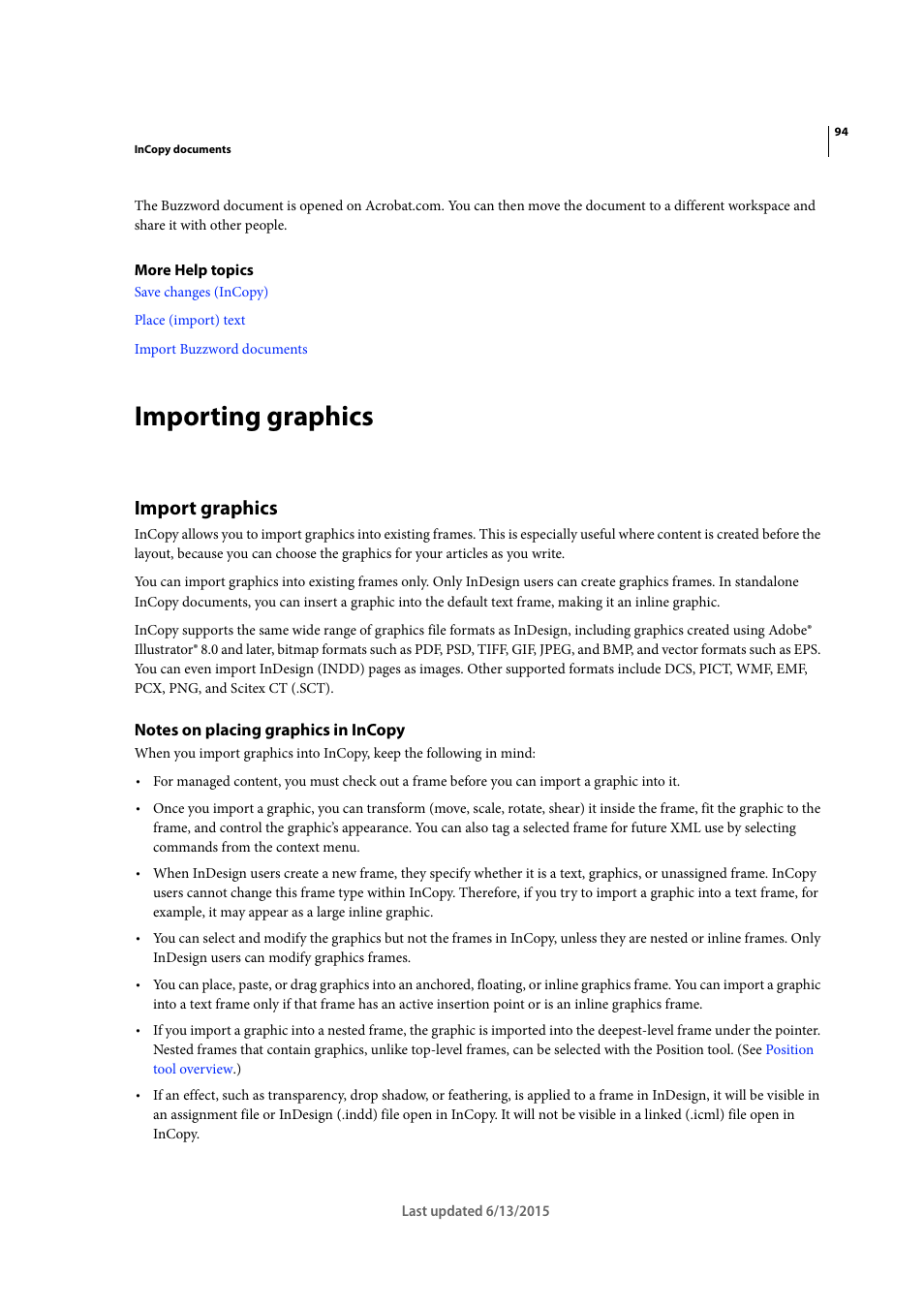 Importing graphics, Import graphics, Notes on placing graphics in incopy | Adobe InCopy CC 2015 User Manual | Page 97 / 393