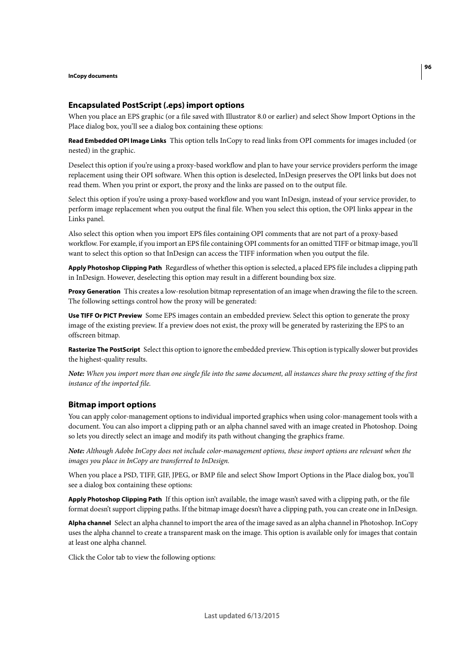 Encapsulated postscript (.eps) import options, Bitmap import options | Adobe InCopy CC 2015 User Manual | Page 99 / 393