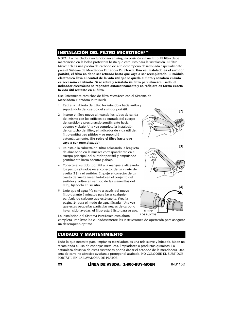 Instalación del filtro microtech, Cuidado y mantenimiento | Culligan 7850S User Manual | Page 24 / 48