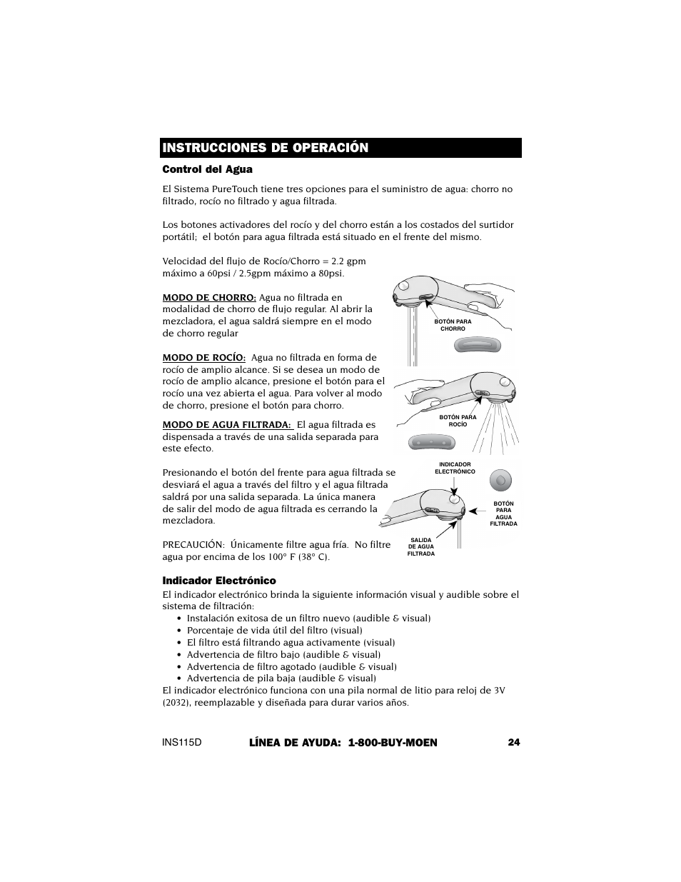 Instrucciones de operación, Control del agua, Indicador electrónico | Línea de ayuda: 1-800-buy-moen | Culligan 7850S User Manual | Page 25 / 48