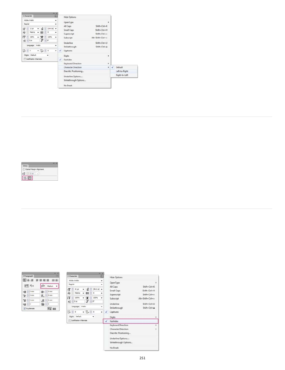 Story direction automatic kashida insertion, Story direction, Automatic kashida insertion | Adobe InDesign User Manual | Page 256 / 829