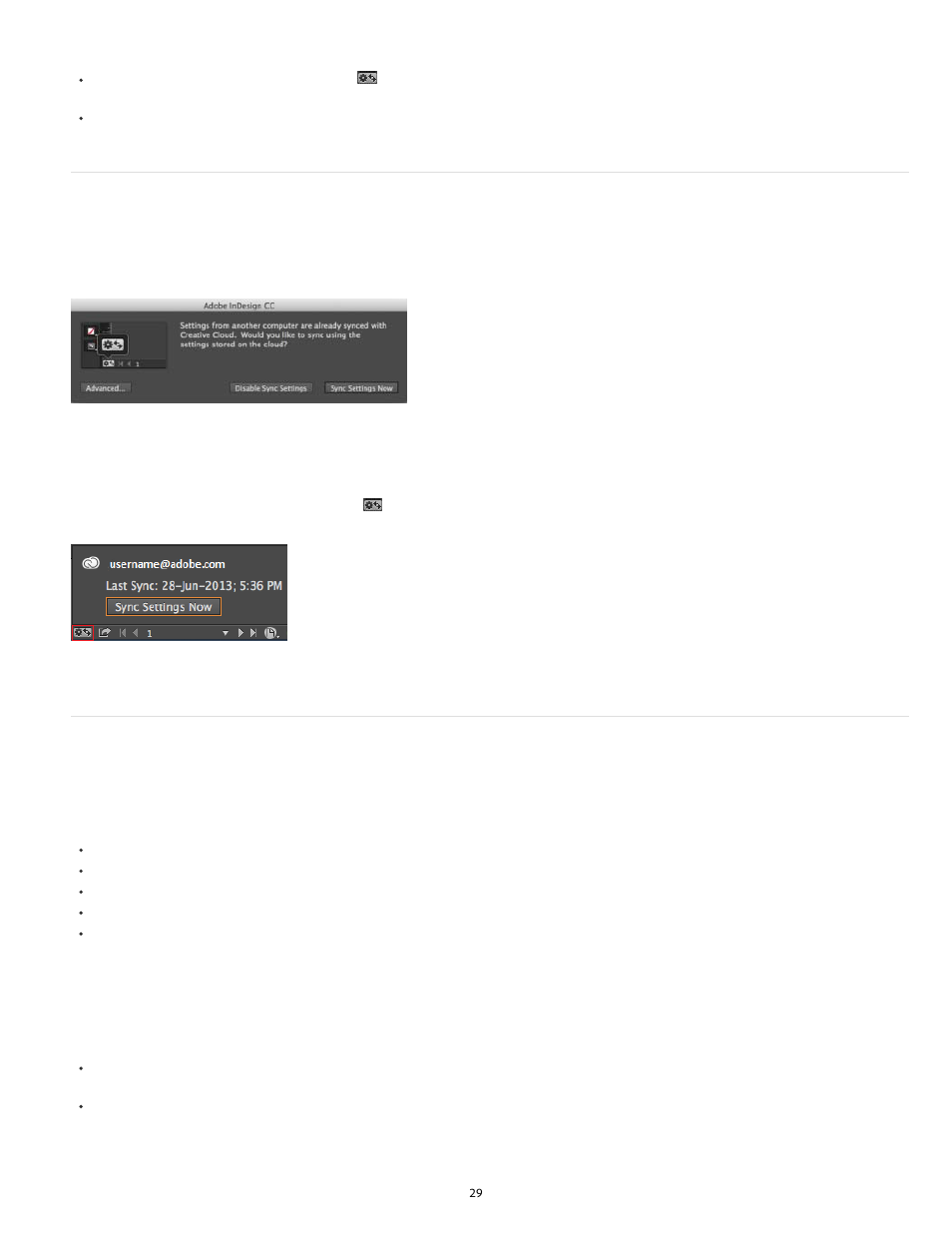 Sync settings on successive launches managing sync, Sync settings on successive launches, Managing sync | Adobe InDesign User Manual | Page 34 / 829