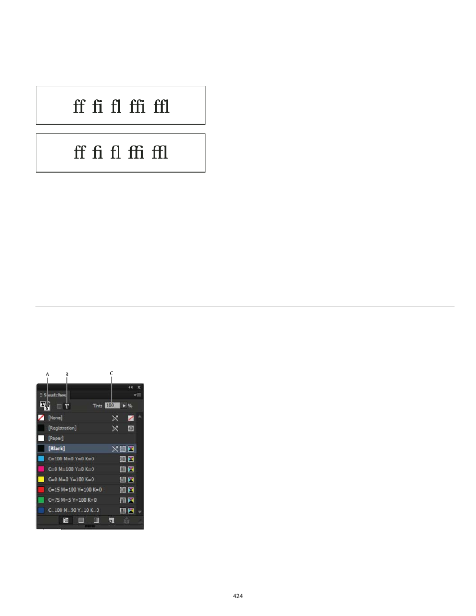 Apply ligatures to letter pairs, Change the color, gradient, or stroke of text | Adobe InDesign User Manual | Page 429 / 829