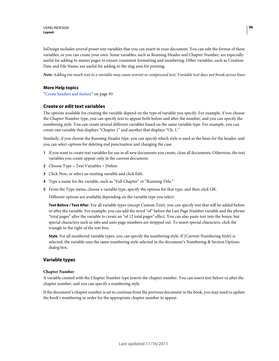 Create or edit text variables, Variable types | Adobe InDesign CS5 User Manual | Page 102 / 710