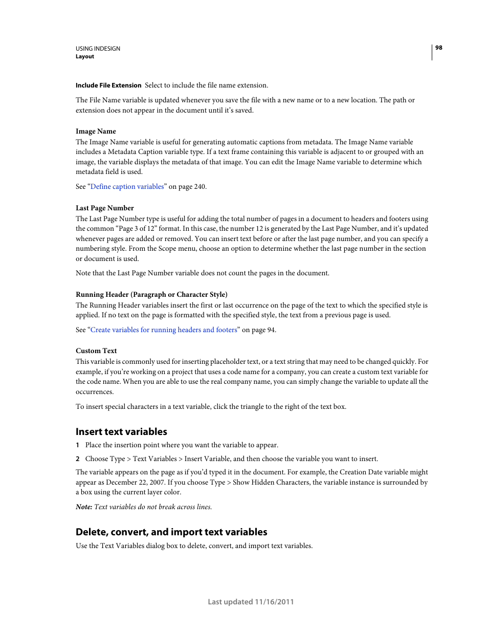 Insert text variables, Delete, convert, and import text variables | Adobe InDesign CS5 User Manual | Page 104 / 710