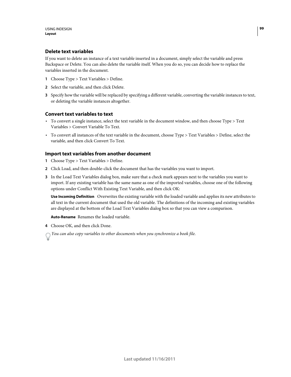 Delete text variables, Convert text variables to text, Import text variables from another document | Adobe InDesign CS5 User Manual | Page 105 / 710