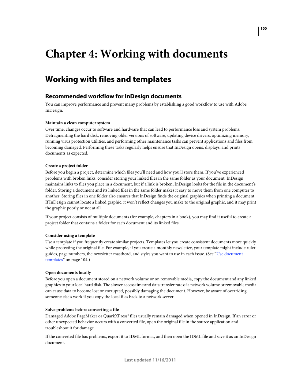 Chapter 4: working with documents, Working with files and templates, Recommended workflow for indesign documents | Adobe InDesign CS5 User Manual | Page 106 / 710