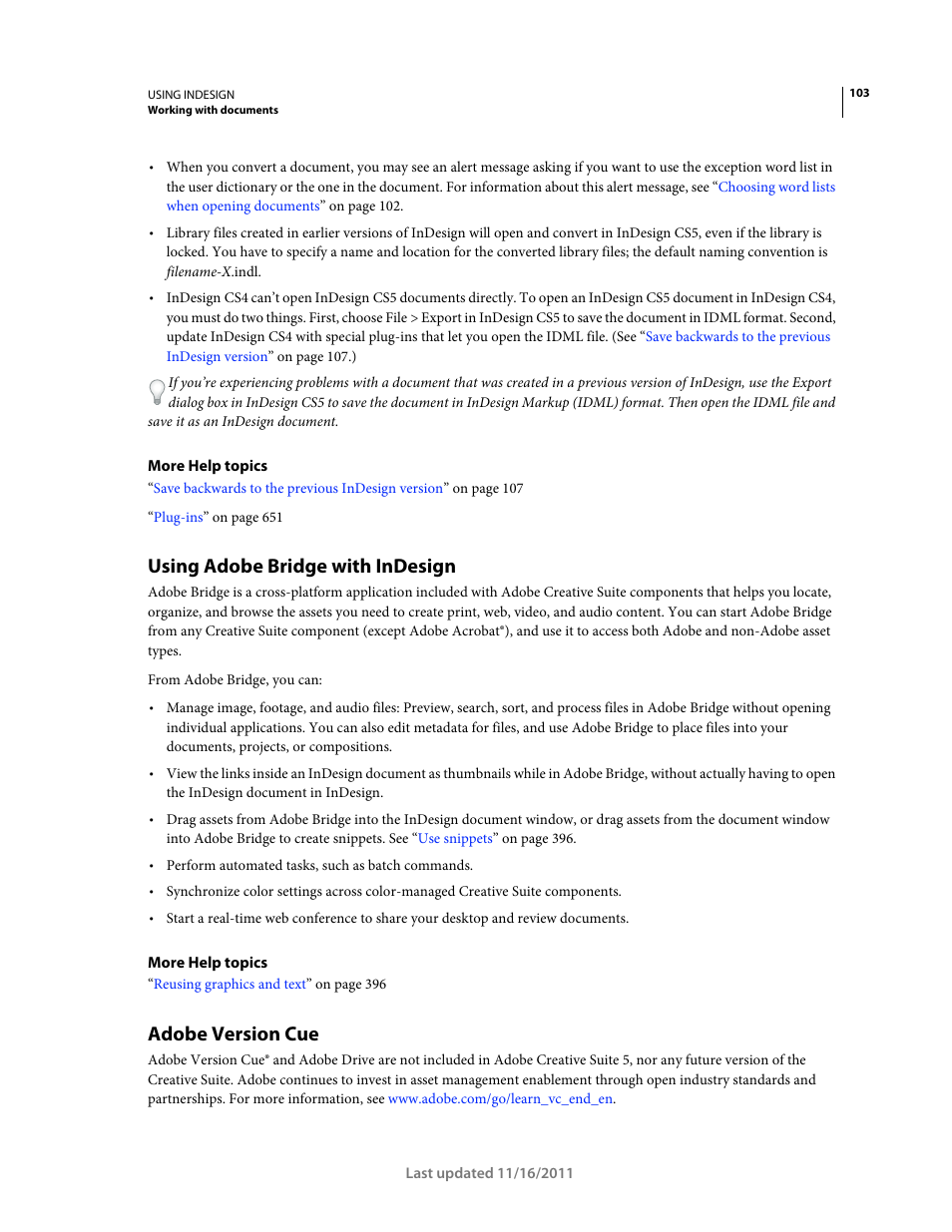 Using adobe bridge with indesign, Adobe version cue, Adobe version | Adobe InDesign CS5 User Manual | Page 109 / 710