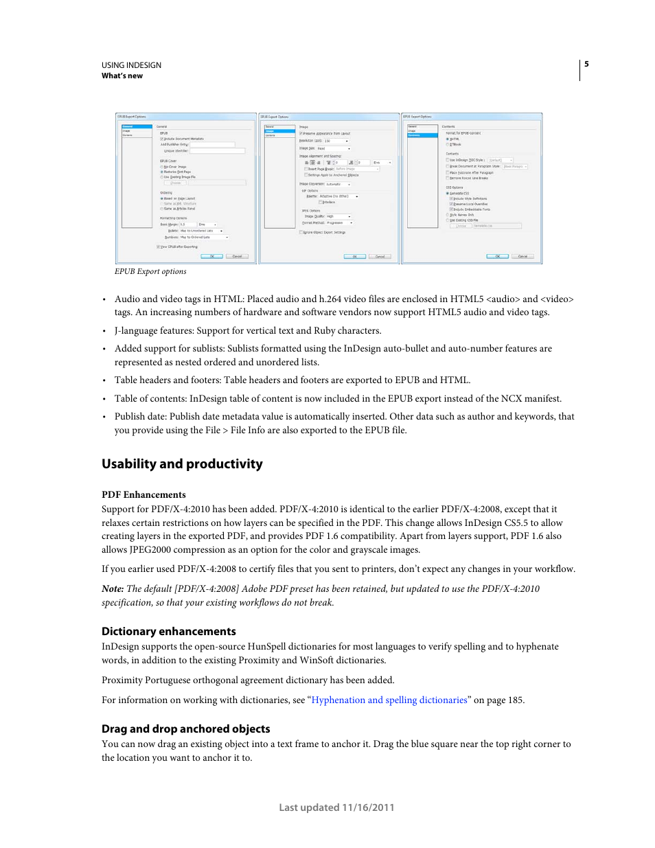 Usability and productivity, Dictionary enhancements, Drag and drop anchored objects | Adobe InDesign CS5 User Manual | Page 11 / 710