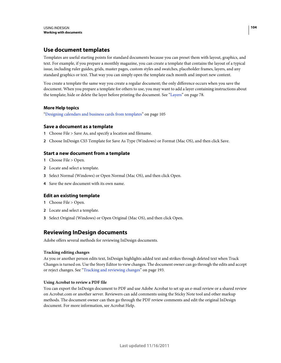 Use document templates, Save a document as a template, Start a new document from a template | Edit an existing template, Reviewing indesign documents, Where others can add comments. see, Use document, Templates | Adobe InDesign CS5 User Manual | Page 110 / 710