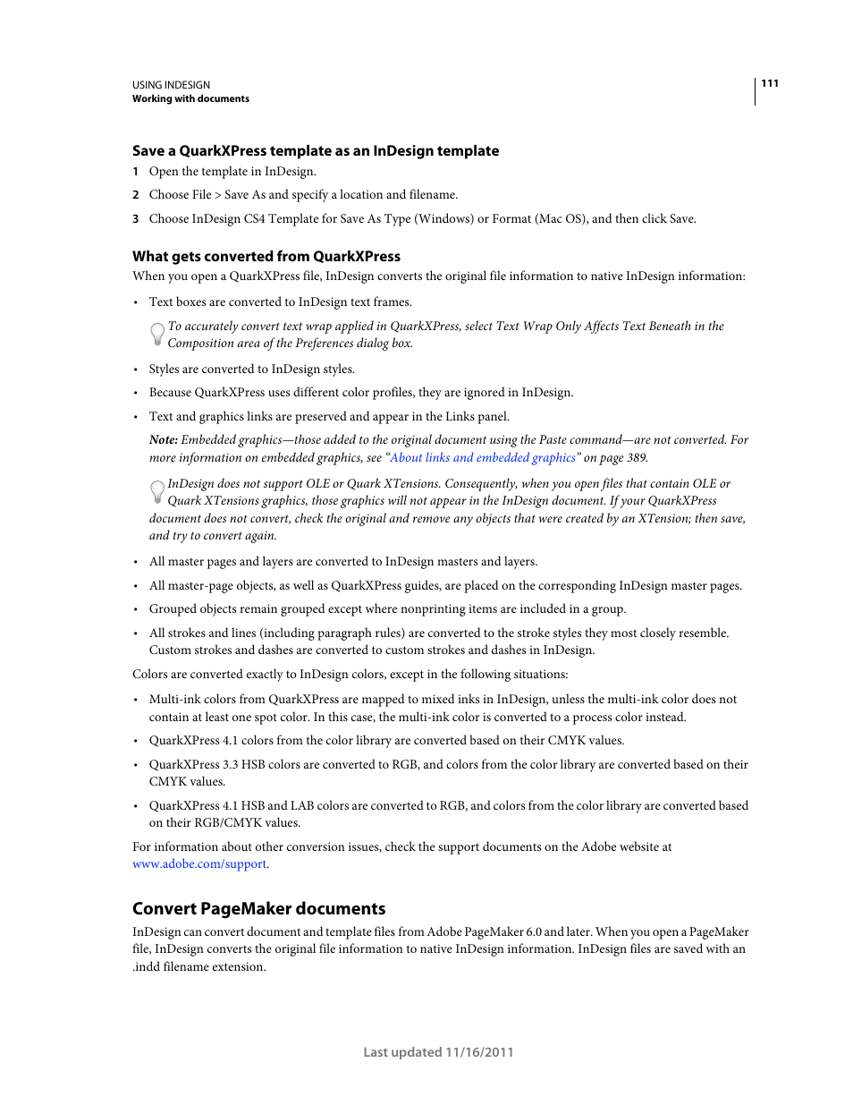 What gets converted from quarkxpress, Convert pagemaker documents | Adobe InDesign CS5 User Manual | Page 117 / 710