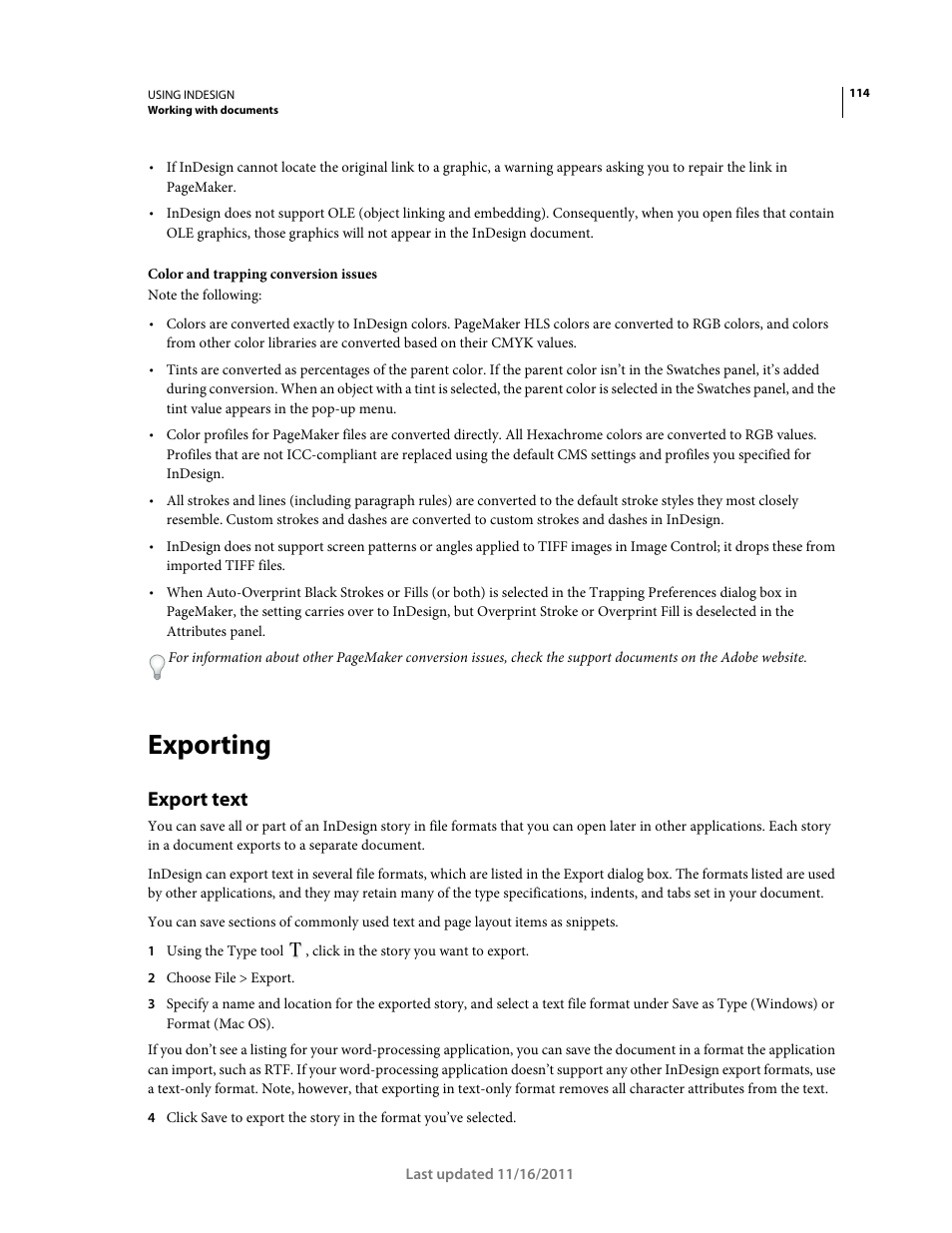 Exporting, Export text | Adobe InDesign CS5 User Manual | Page 120 / 710