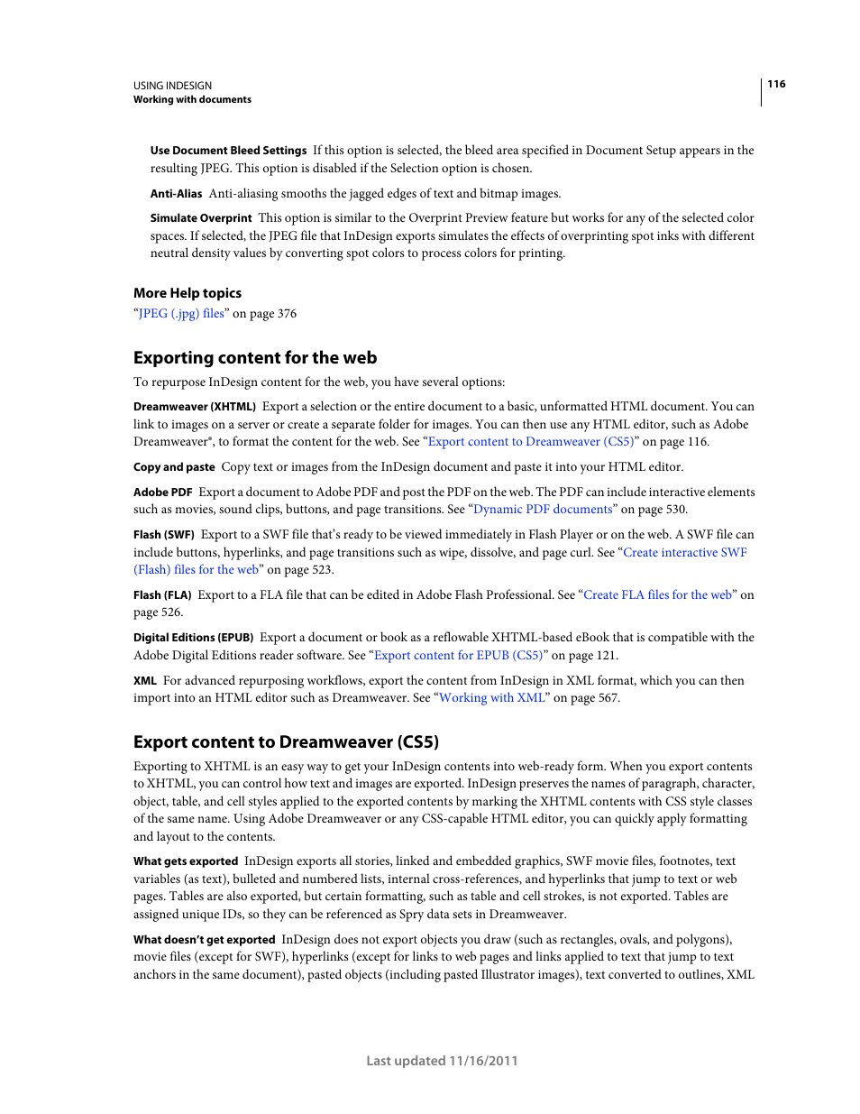 Exporting content for the web, Export content to dreamweaver (cs5), Dreamweaver. see | Adobe InDesign CS5 User Manual | Page 122 / 710