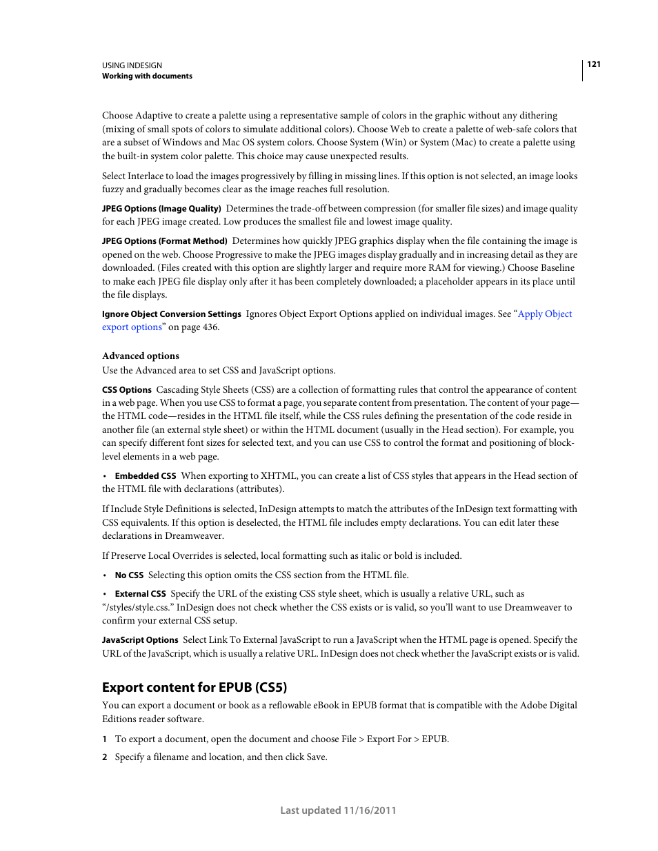 Export content for epub (cs5), Adobe digital editions reader software. see | Adobe InDesign CS5 User Manual | Page 127 / 710