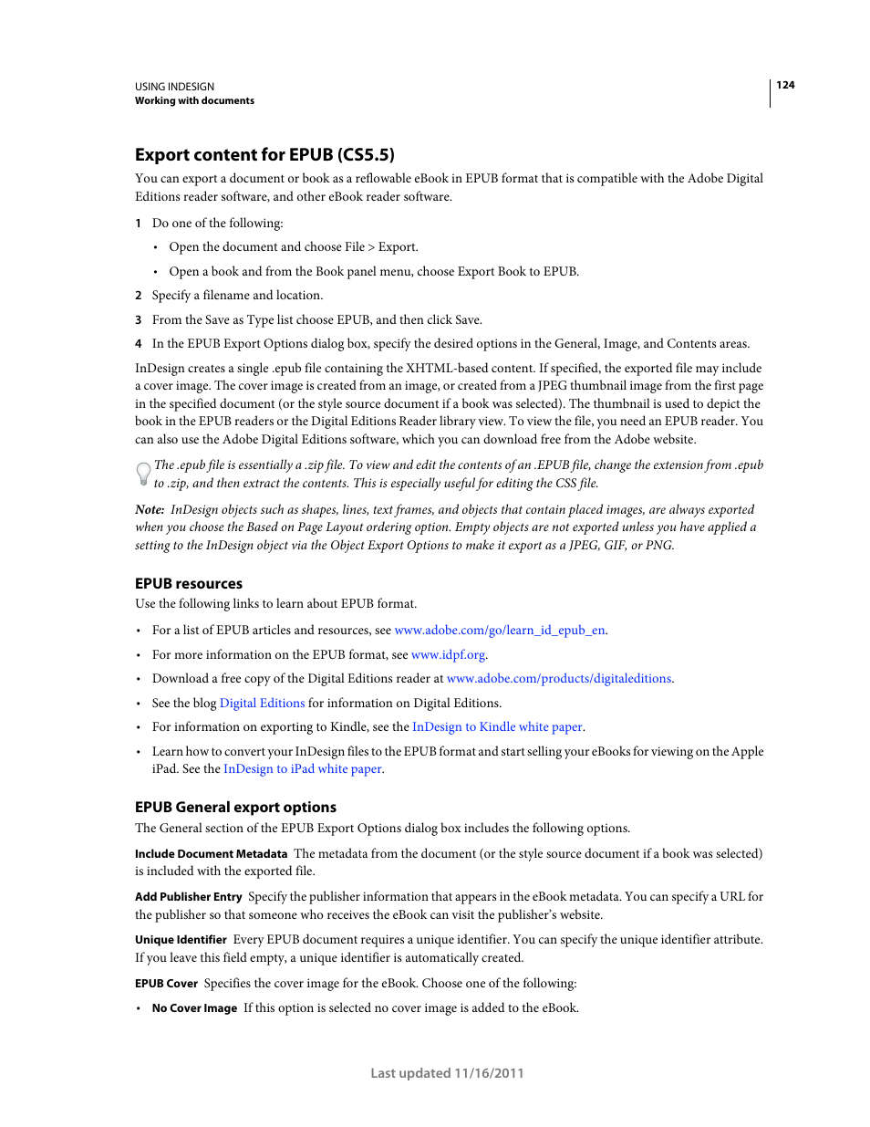 Export content for epub (cs5.5), Epub resources, Epub general export options | Epub general export, Options | Adobe InDesign CS5 User Manual | Page 130 / 710