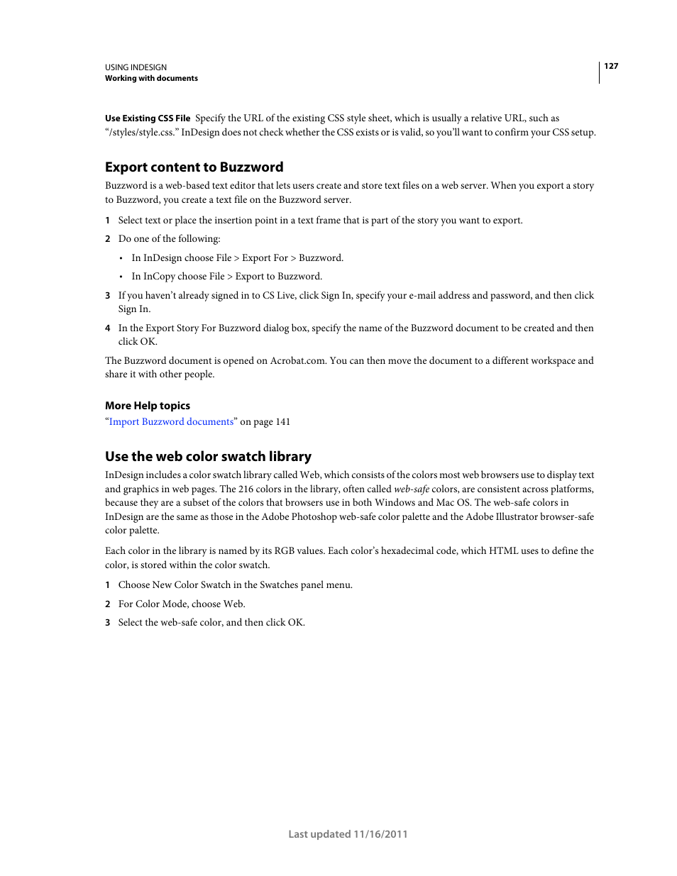 Export content to buzzword, Use the web color swatch library, Export | Content to buzzword | Adobe InDesign CS5 User Manual | Page 133 / 710