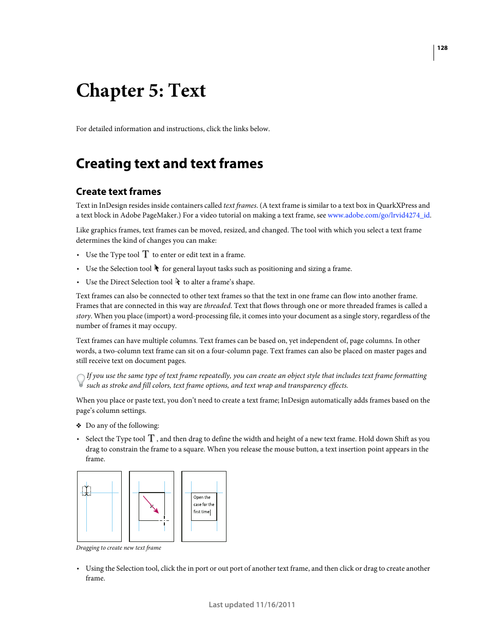 Chapter 5: text, Creating text and text frames, Create text frames | Adobe InDesign CS5 User Manual | Page 134 / 710