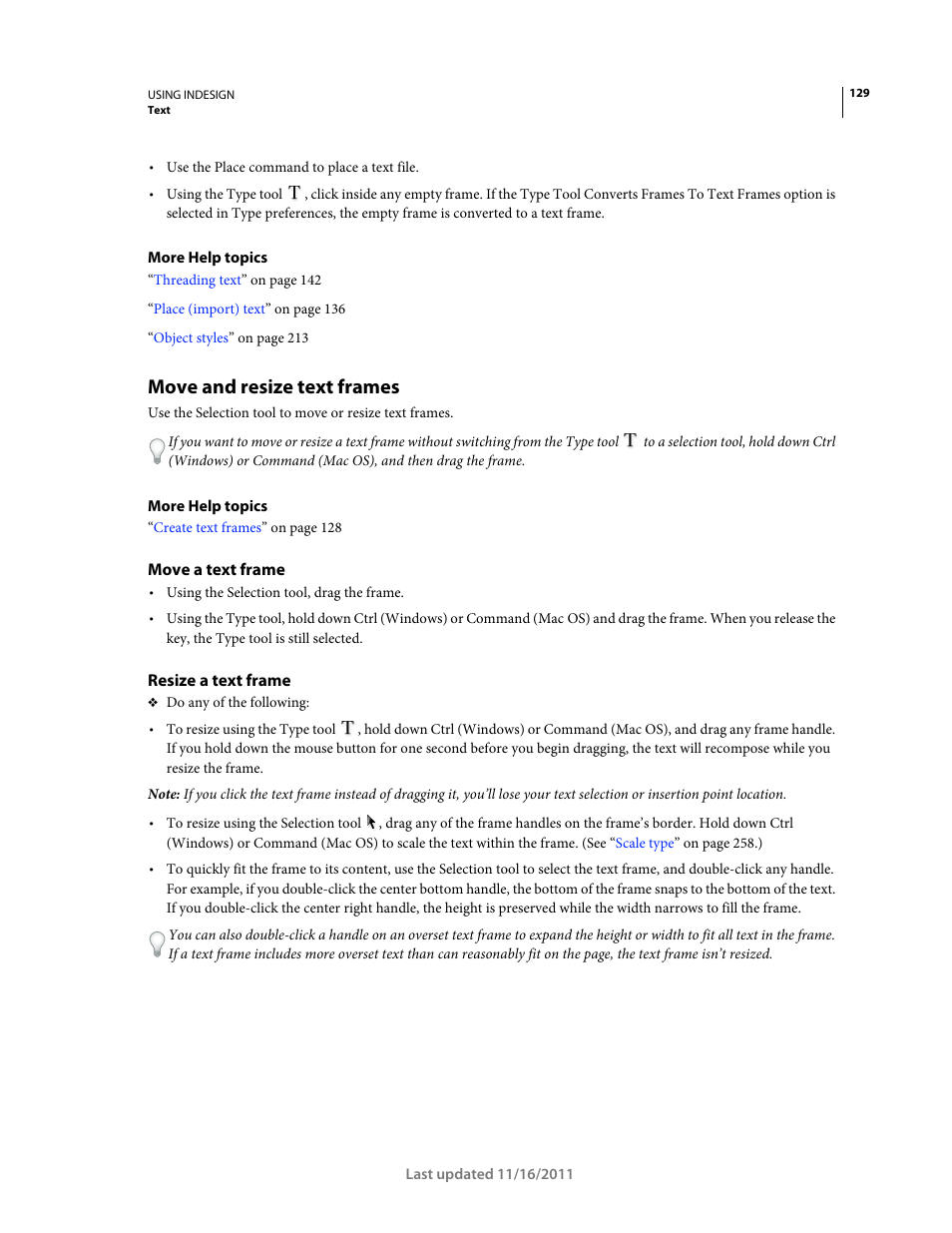 Move and resize text frames, Move a text frame, Resize a text frame | Adobe InDesign CS5 User Manual | Page 135 / 710