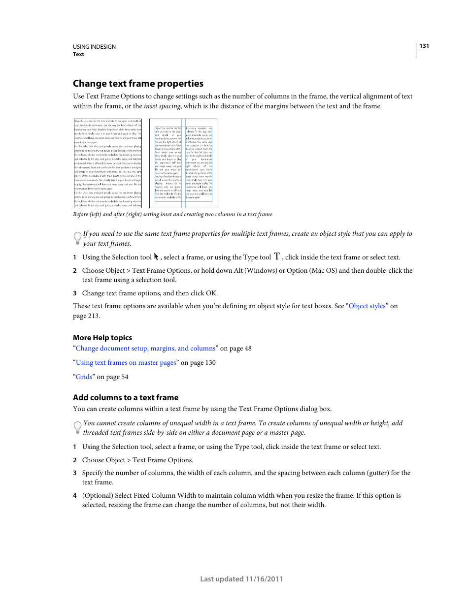 Change text frame properties, Add columns to a text frame, Text frame options dialog box. (see | ) text frame columns can also be affected | Adobe InDesign CS5 User Manual | Page 137 / 710