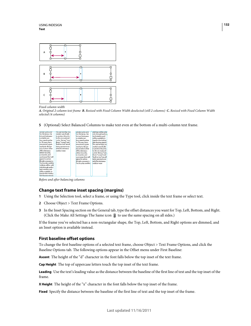 Change text frame inset spacing (margins), First baseline offset options | Adobe InDesign CS5 User Manual | Page 138 / 710