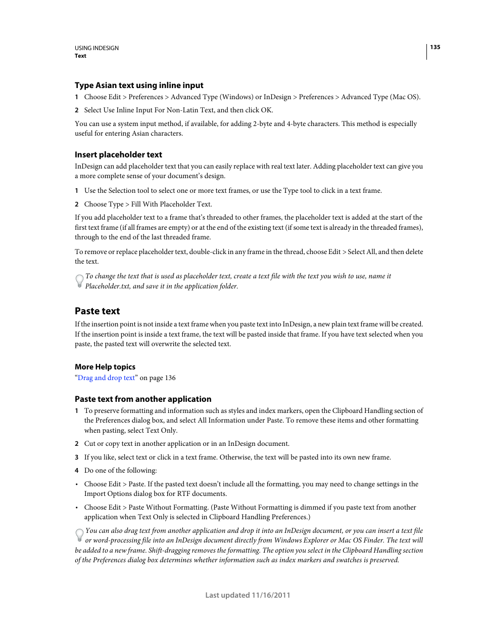 Type asian text using inline input, Insert placeholder text, Paste text | Paste text from another application | Adobe InDesign CS5 User Manual | Page 141 / 710