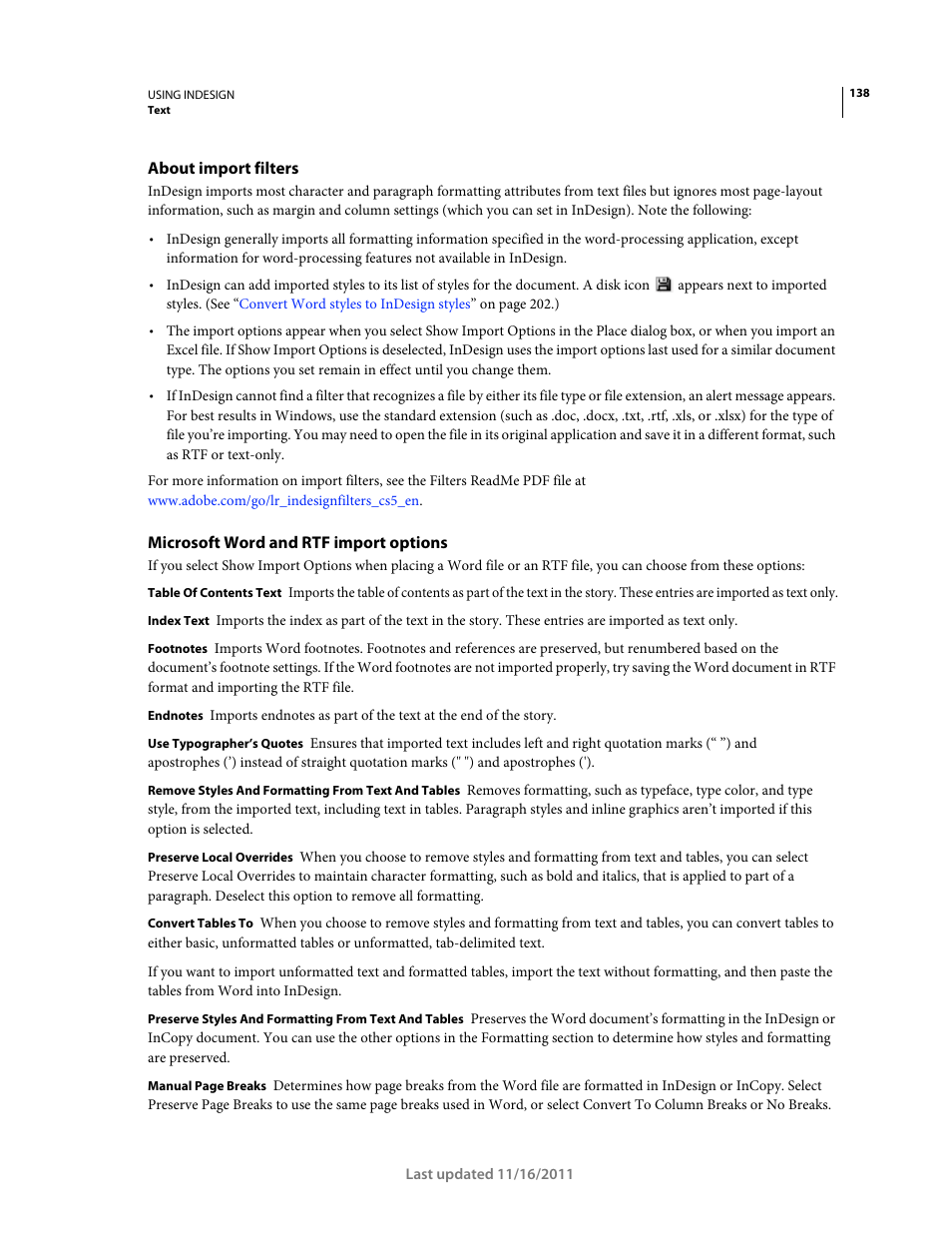 About import filters, Microsoft word and rtf import options | Adobe InDesign CS5 User Manual | Page 144 / 710