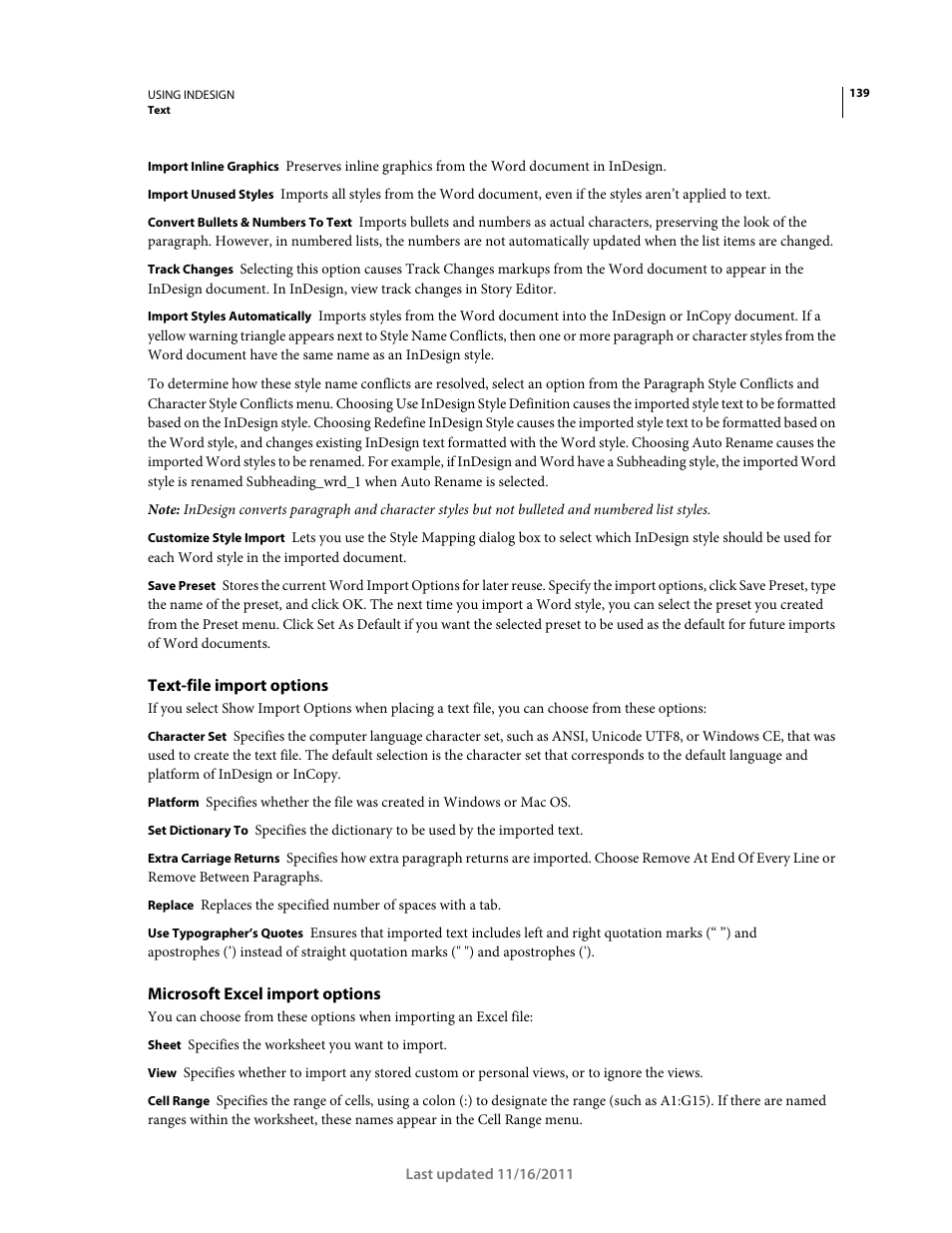 Text-file import options, Microsoft excel import options | Adobe InDesign CS5 User Manual | Page 145 / 710