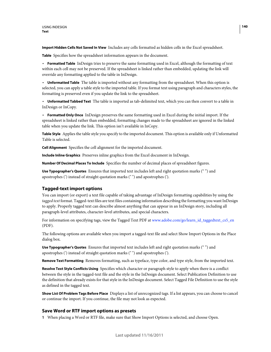 Tagged-text import options, Save word or rtf import options as presets | Adobe InDesign CS5 User Manual | Page 146 / 710