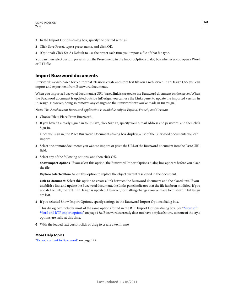 Import buzzword documents | Adobe InDesign CS5 User Manual | Page 147 / 710