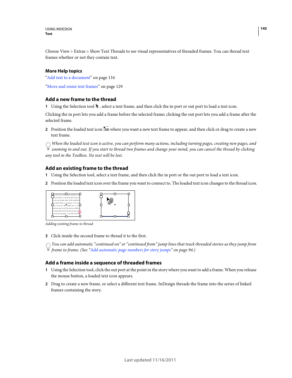 Add a new frame to the thread, Add an existing frame to the thread, Add a frame inside a sequence of threaded frames | Adobe InDesign CS5 User Manual | Page 149 / 710