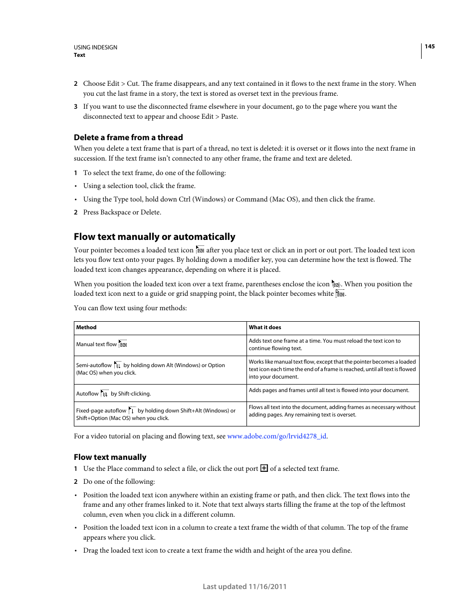 Delete a frame from a thread, Flow text manually or automatically, Flow text manually | Adobe InDesign CS5 User Manual | Page 151 / 710