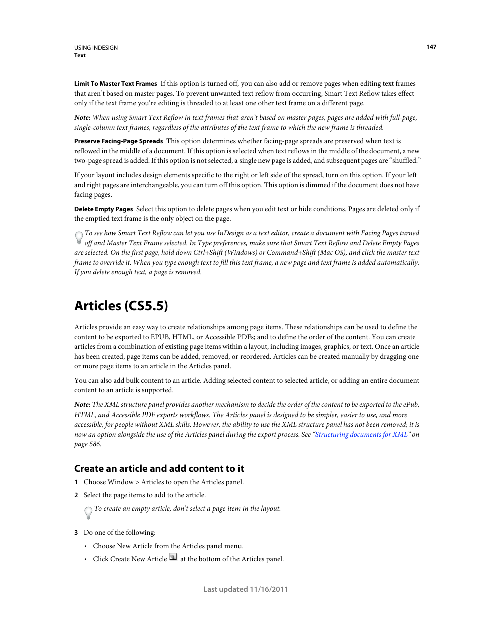 Articles (cs5.5), Create an article and add content to it, For more details, see | Adobe InDesign CS5 User Manual | Page 153 / 710