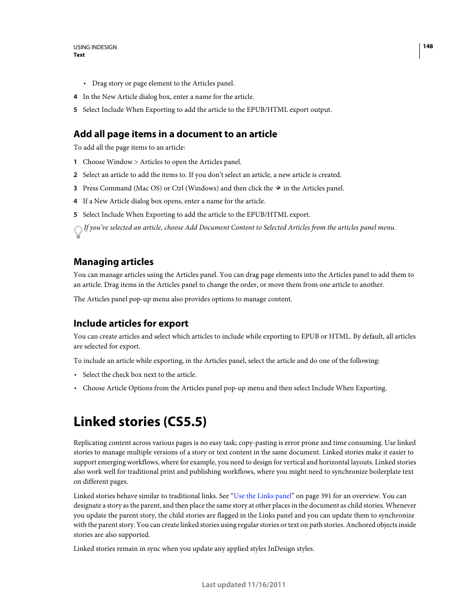 Managing articles, Include articles for export, Linked stories (cs5.5) | For more details, see, Add all page items in a document to an article | Adobe InDesign CS5 User Manual | Page 154 / 710