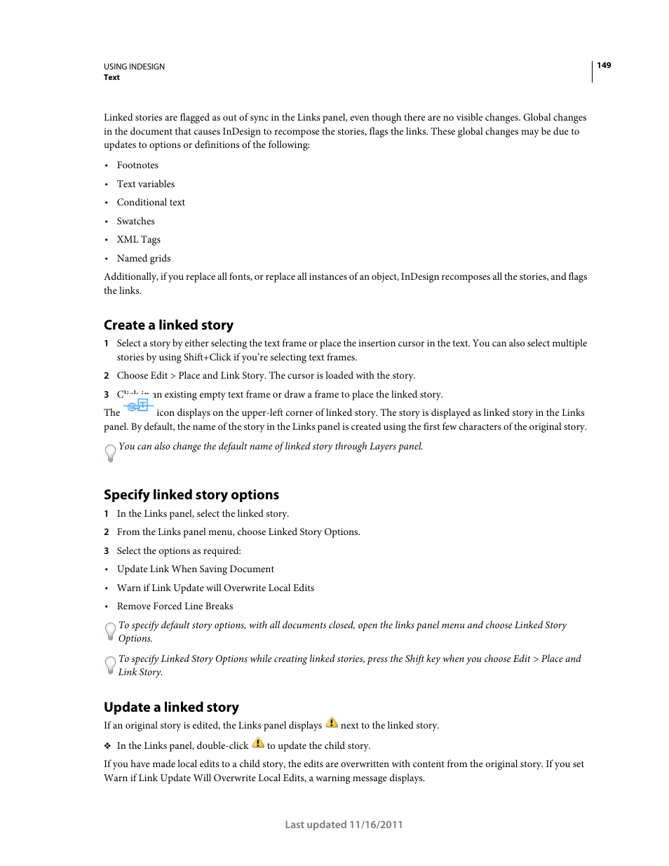 Create a linked story, Specify linked story options, Update a linked story | Adobe InDesign CS5 User Manual | Page 155 / 710