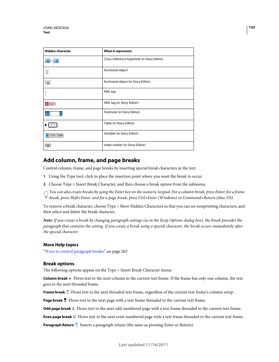 Break options, Add column, frame, and page breaks | Adobe InDesign CS5 User Manual | Page 159 / 710