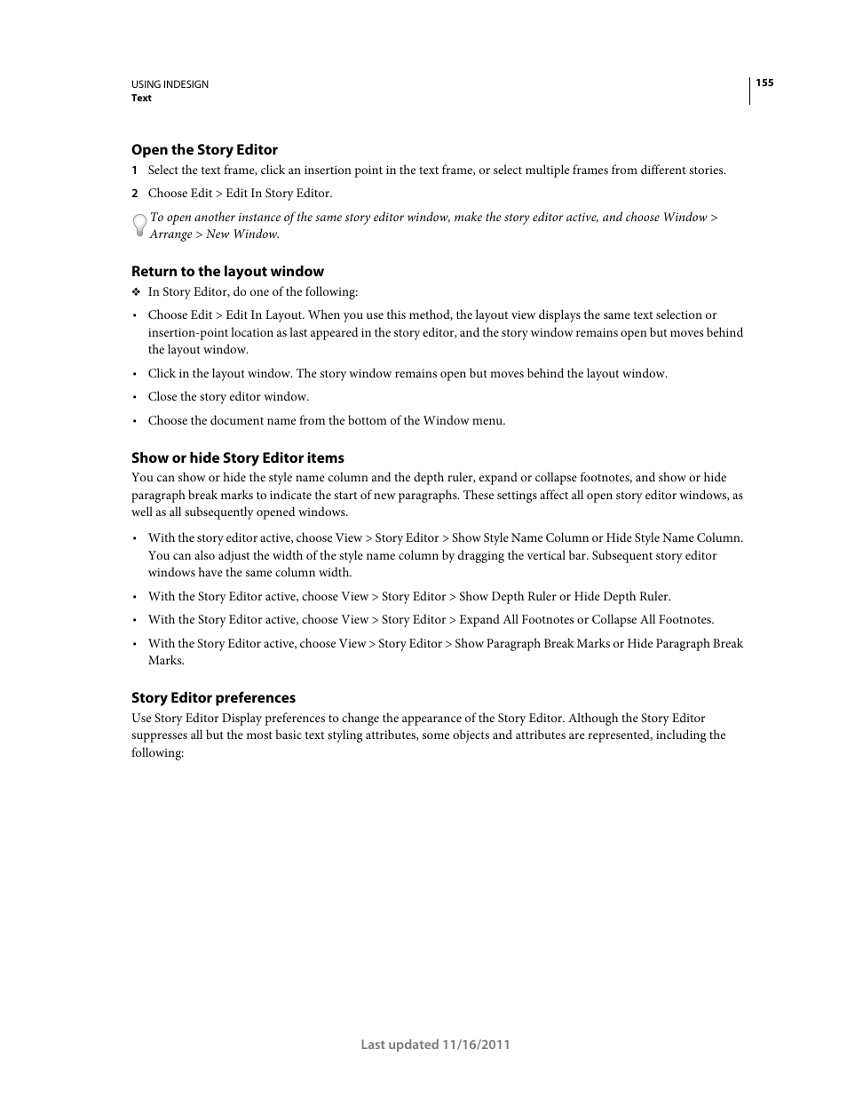 Open the story editor, Return to the layout window, Show or hide story editor items | Story editor preferences | Adobe InDesign CS5 User Manual | Page 161 / 710