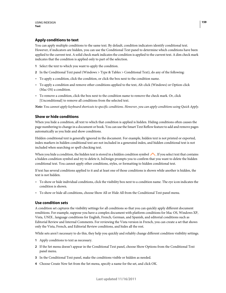 Apply conditions to text, Show or hide conditions, Use condition sets | Adobe InDesign CS5 User Manual | Page 165 / 710