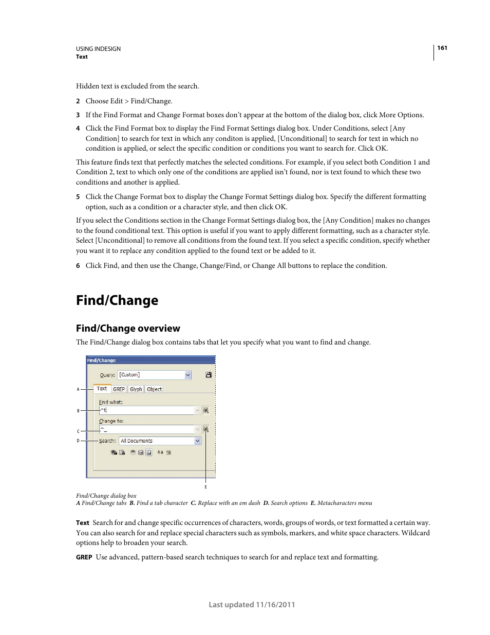 Find/change, Find/change overview | Adobe InDesign CS5 User Manual | Page 167 / 710