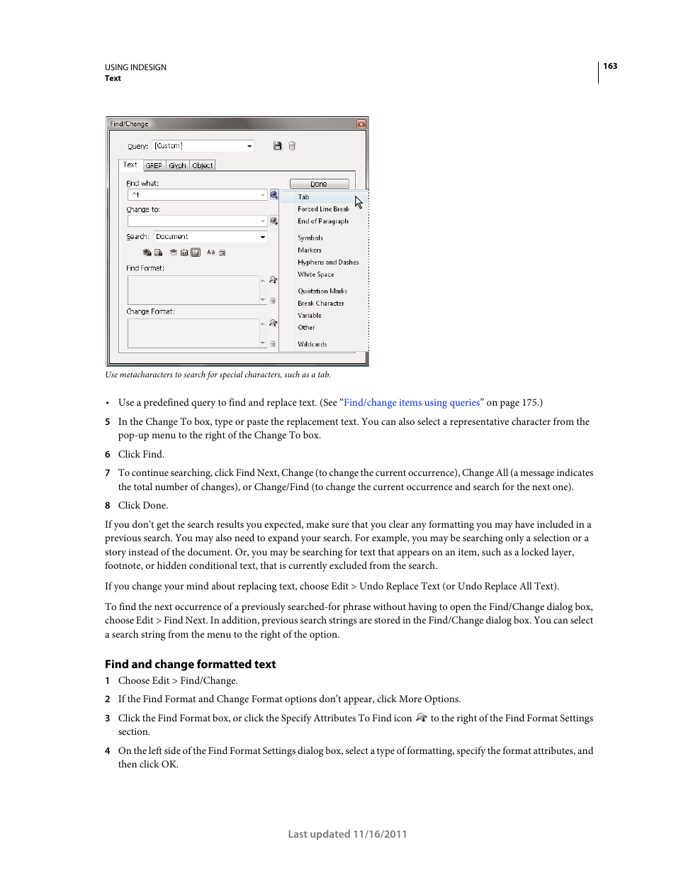 Find and change formatted text | Adobe InDesign CS5 User Manual | Page 169 / 710