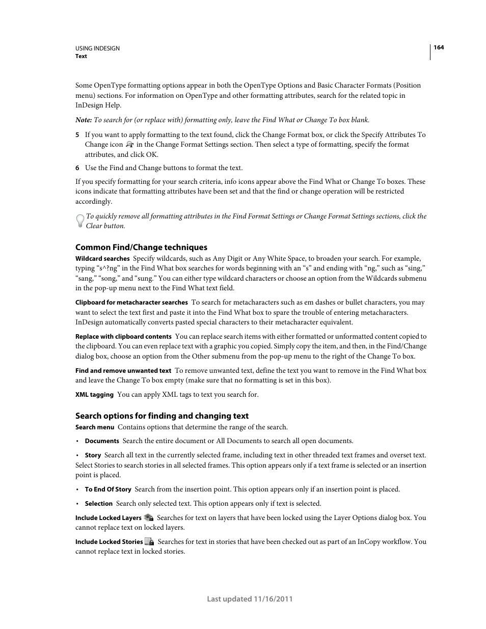 Common find/change techniques, Search options for finding and changing text | Adobe InDesign CS5 User Manual | Page 170 / 710