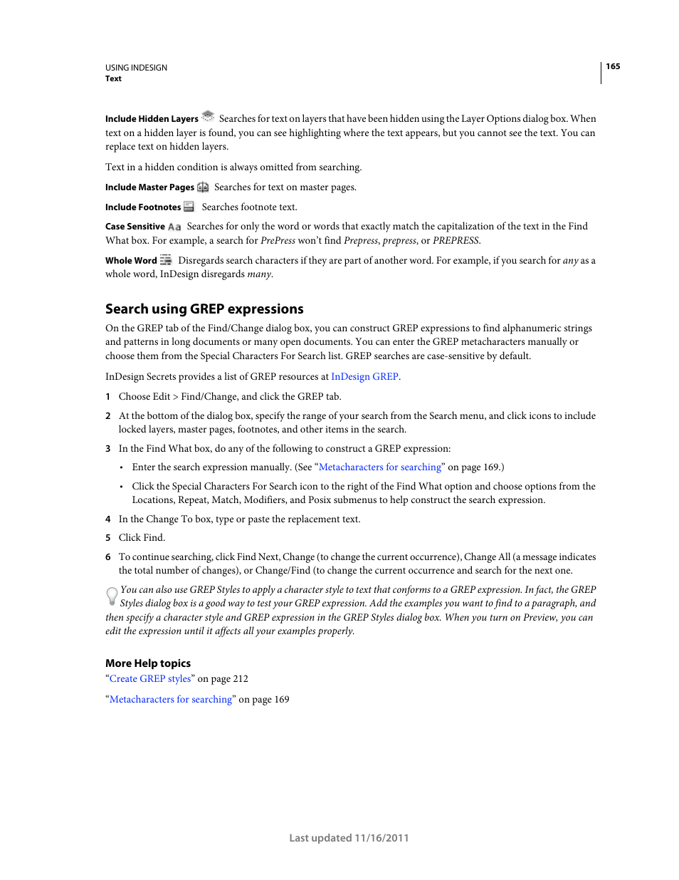 Search using grep expressions | Adobe InDesign CS5 User Manual | Page 171 / 710