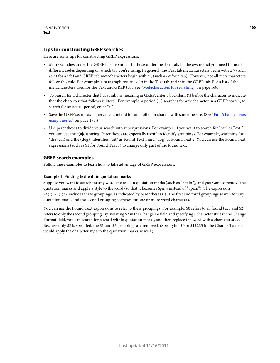 Tips for constructing grep searches, Grep search examples | Adobe InDesign CS5 User Manual | Page 172 / 710