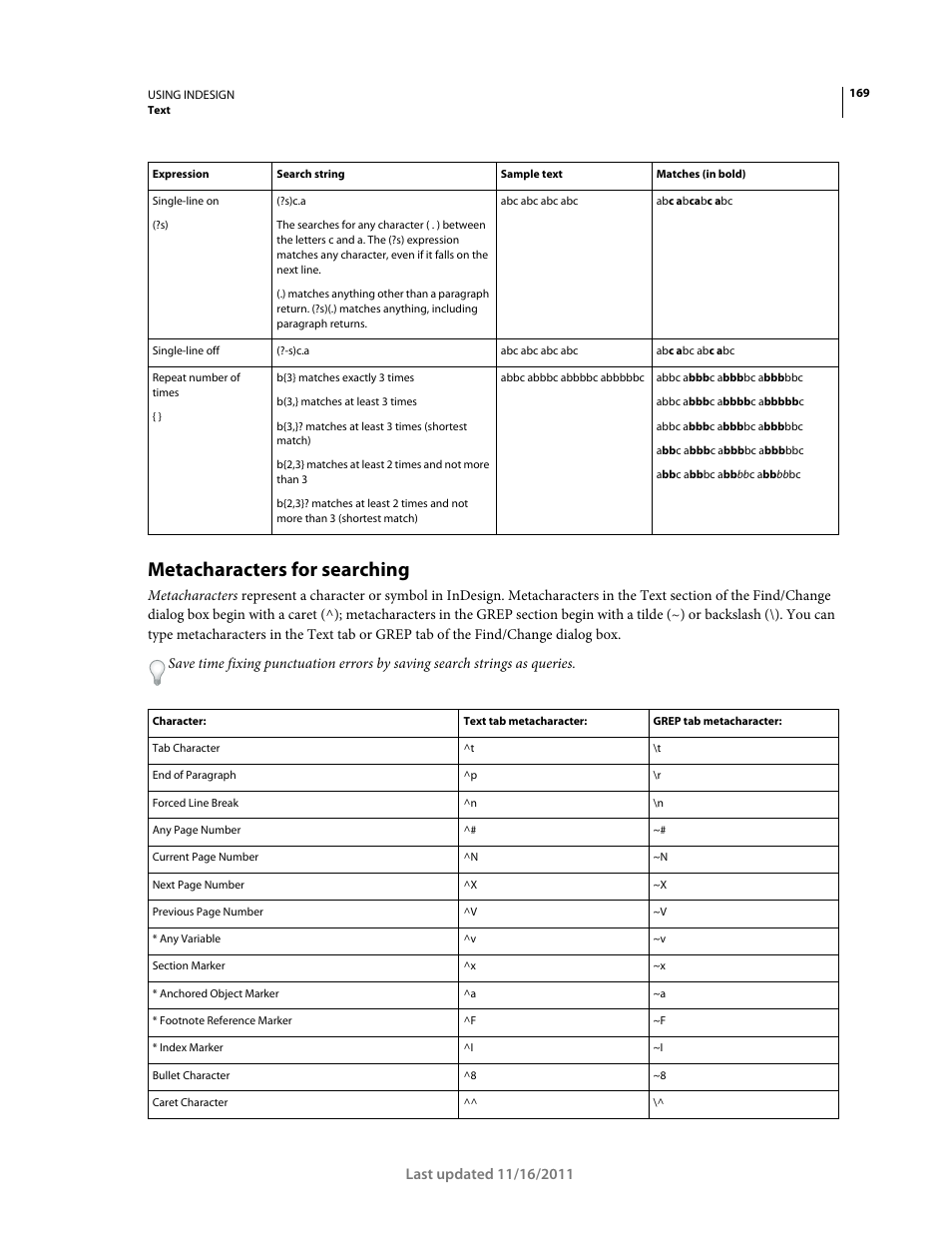 Metacharacters for searching, Enter the search expression manually. (see | Adobe InDesign CS5 User Manual | Page 175 / 710