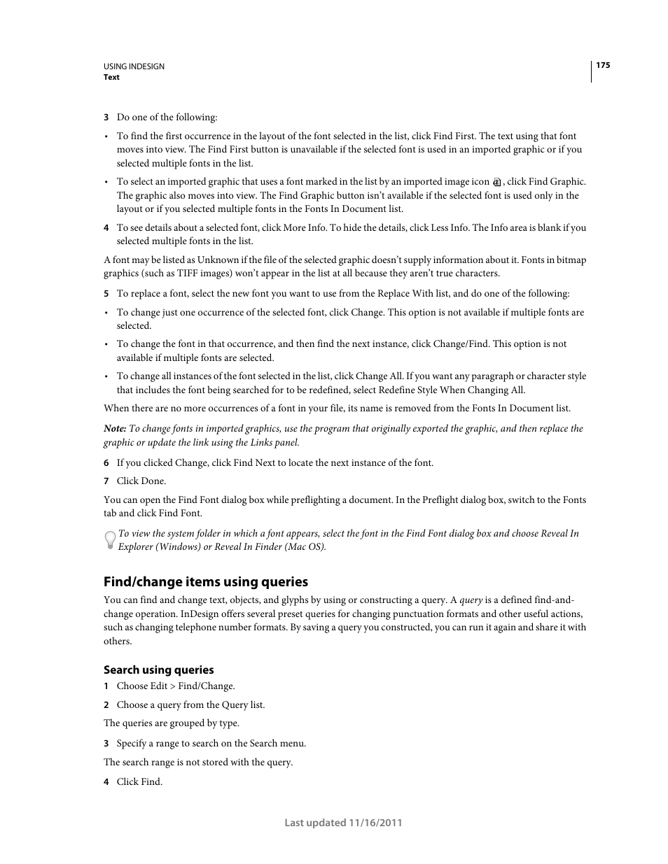 Find/change items using queries, Search using queries, Find/change items | Using queries | Adobe InDesign CS5 User Manual | Page 181 / 710